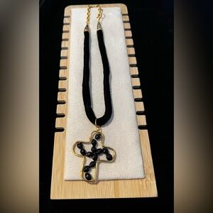 Vintage Cross Black Bead Velour Choker Necklace